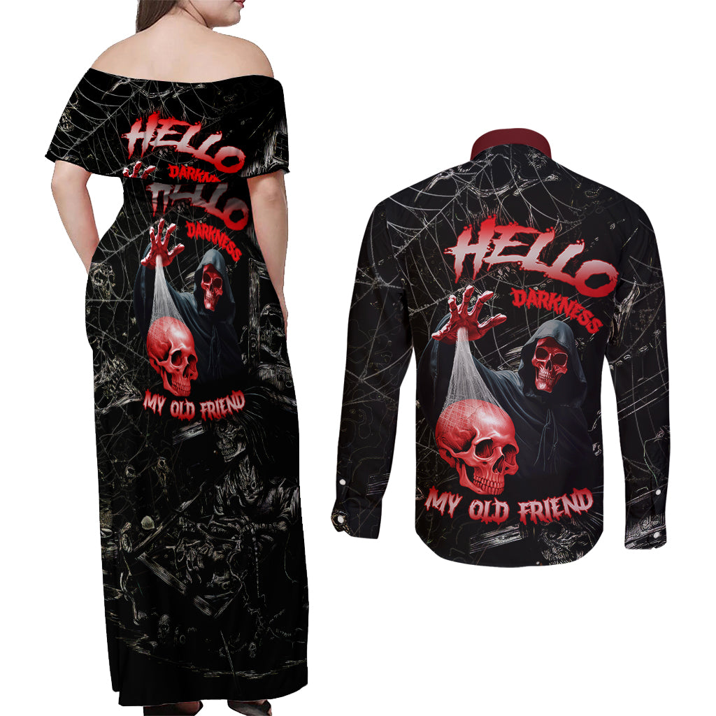 Hello Darkness My Old Friend Skull Couples Matching Off Shoulder Maxi Dress and Long Sleeve Button Shirts - Wonder Print Shop