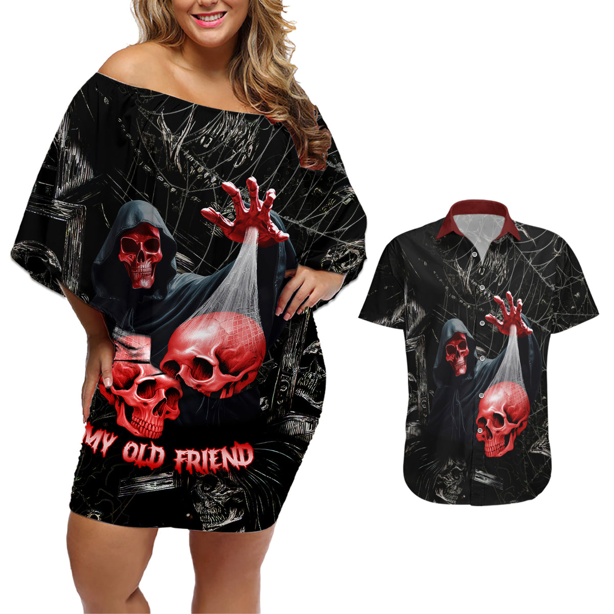 Hello Darkness My Old Friend Skull Couples Matching Off Shoulder Short Dress and Hawaiian Shirt - Wonder Print Shop
