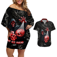 Hello Darkness My Old Friend Skull Couples Matching Off Shoulder Short Dress and Hawaiian Shirt - Wonder Print Shop