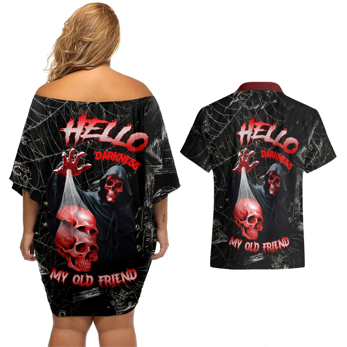 Hello Darkness My Old Friend Skull Couples Matching Off Shoulder Short Dress and Hawaiian Shirt - Wonder Print Shop