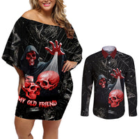 Hello Darkness My Old Friend Skull Couples Matching Off Shoulder Short Dress and Long Sleeve Button Shirts - Wonder Print Shop