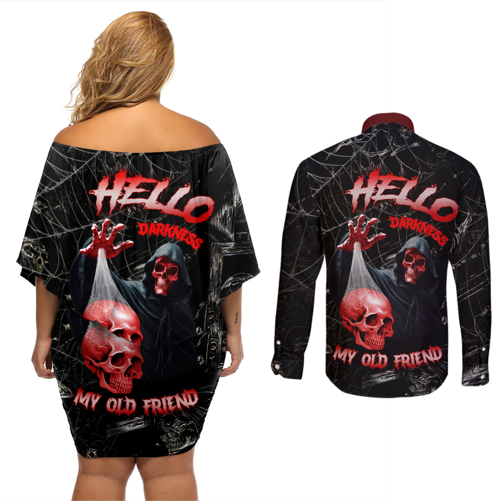 Hello Darkness My Old Friend Skull Couples Matching Off Shoulder Short Dress and Long Sleeve Button Shirts - Wonder Print Shop
