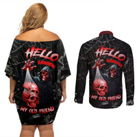 Hello Darkness My Old Friend Skull Couples Matching Off Shoulder Short Dress and Long Sleeve Button Shirts - Wonder Print Shop