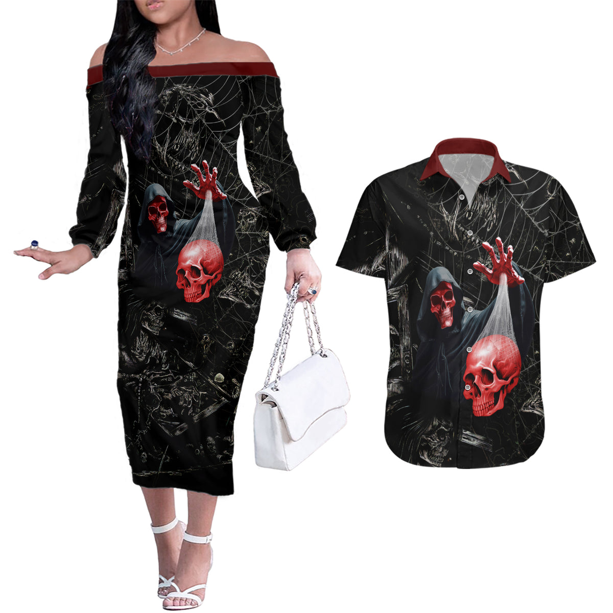 Hello Darkness My Old Friend Skull Couples Matching Off The Shoulder Long Sleeve Dress and Hawaiian Shirt - Wonder Print Shop