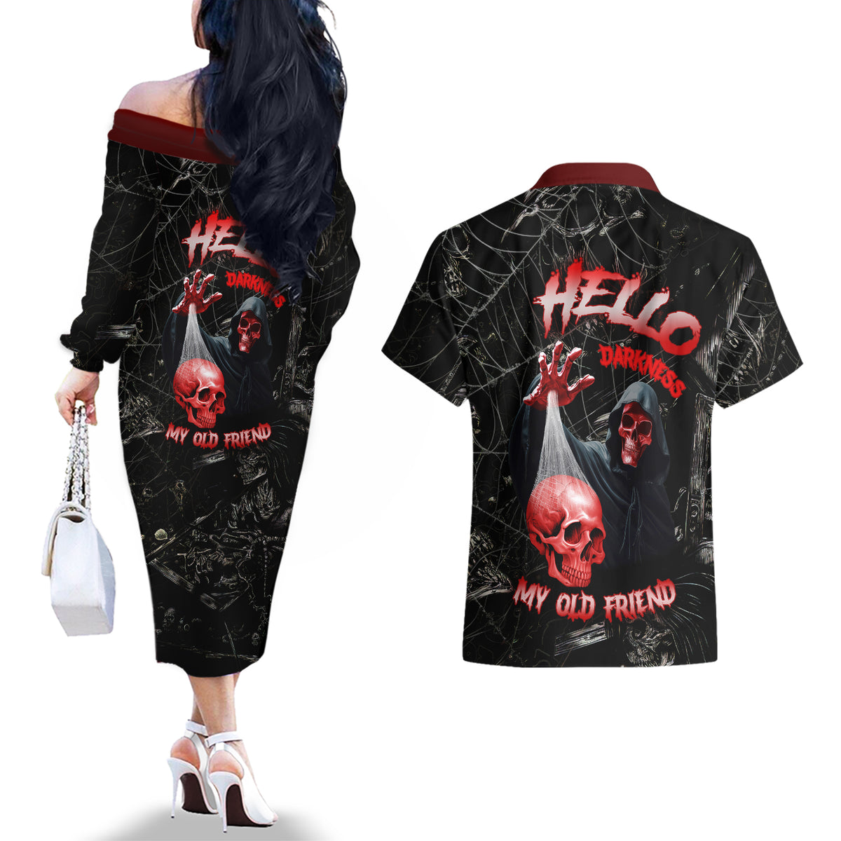 Hello Darkness My Old Friend Skull Couples Matching Off The Shoulder Long Sleeve Dress and Hawaiian Shirt - Wonder Print Shop