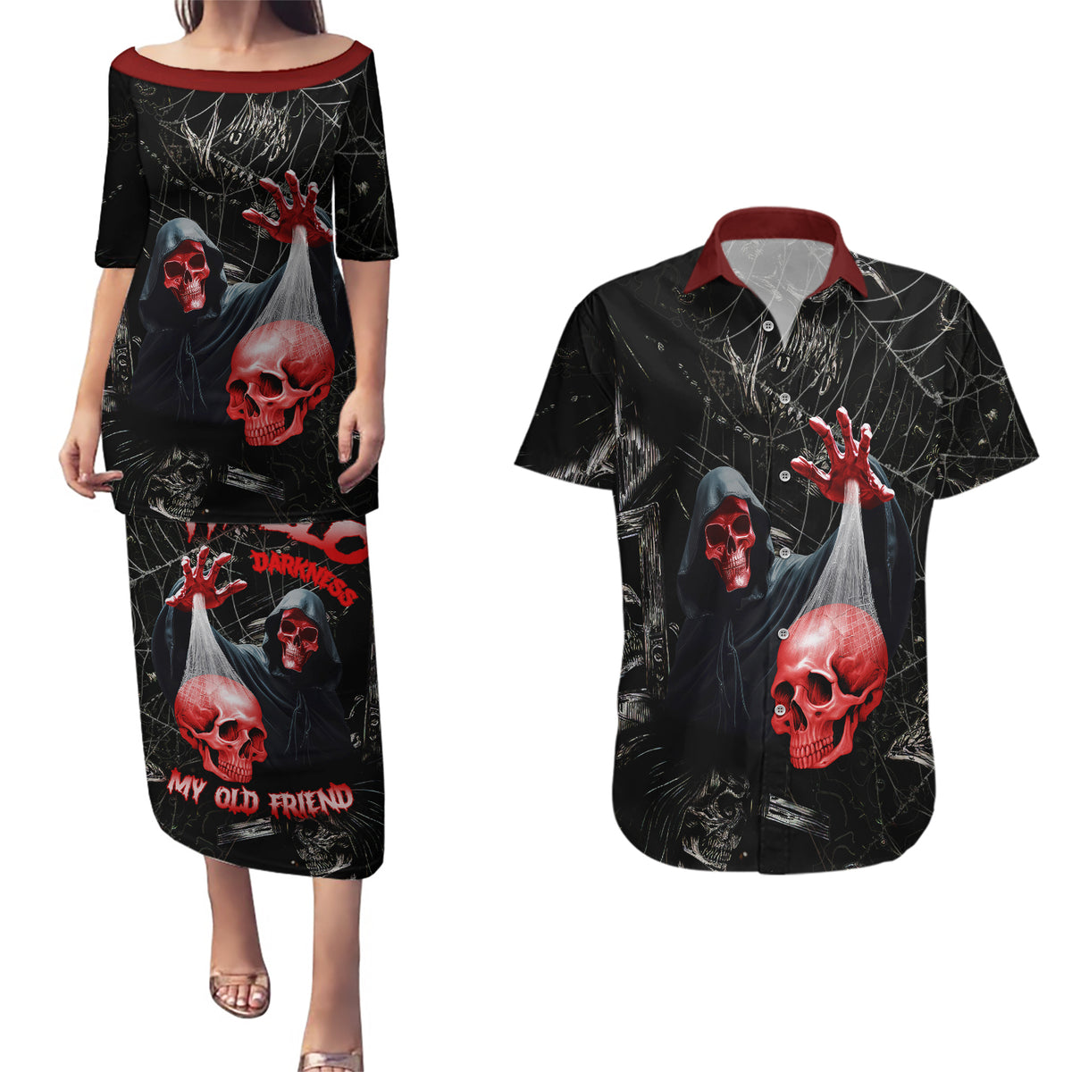 Hello Darkness My Old Friend Skull Couples Matching Puletasi Dress and Hawaiian Shirt - Wonder Print Shop