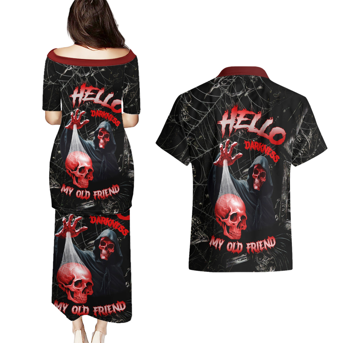 Hello Darkness My Old Friend Skull Couples Matching Puletasi Dress and Hawaiian Shirt - Wonder Print Shop