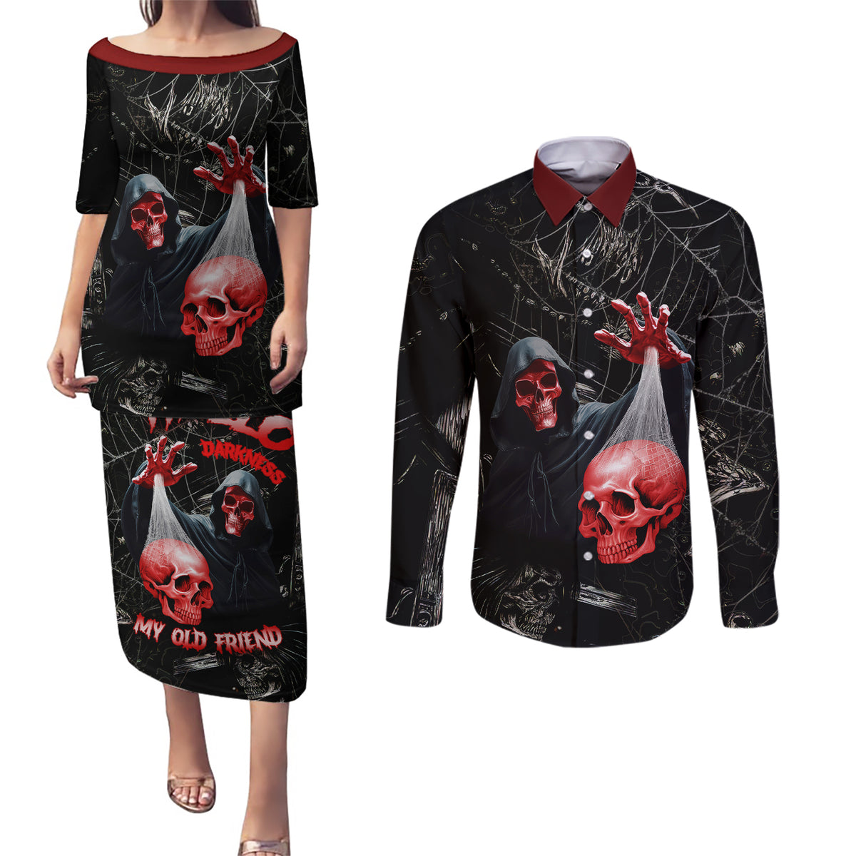 Hello Darkness My Old Friend Skull Couples Matching Puletasi Dress and Long Sleeve Button Shirts - Wonder Print Shop