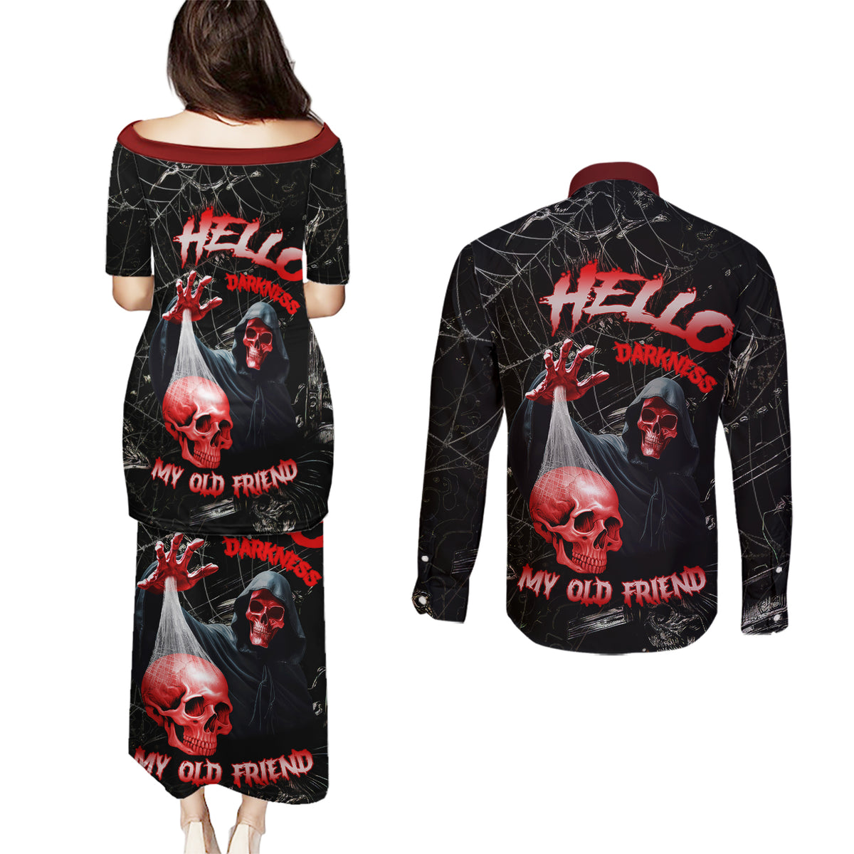 Hello Darkness My Old Friend Skull Couples Matching Puletasi Dress and Long Sleeve Button Shirts - Wonder Print Shop