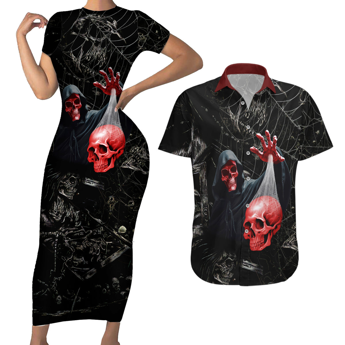 Hello Darkness My Old Friend Skull Couples Matching Short Sleeve Bodycon Dress and Hawaiian Shirt - Wonder Print Shop