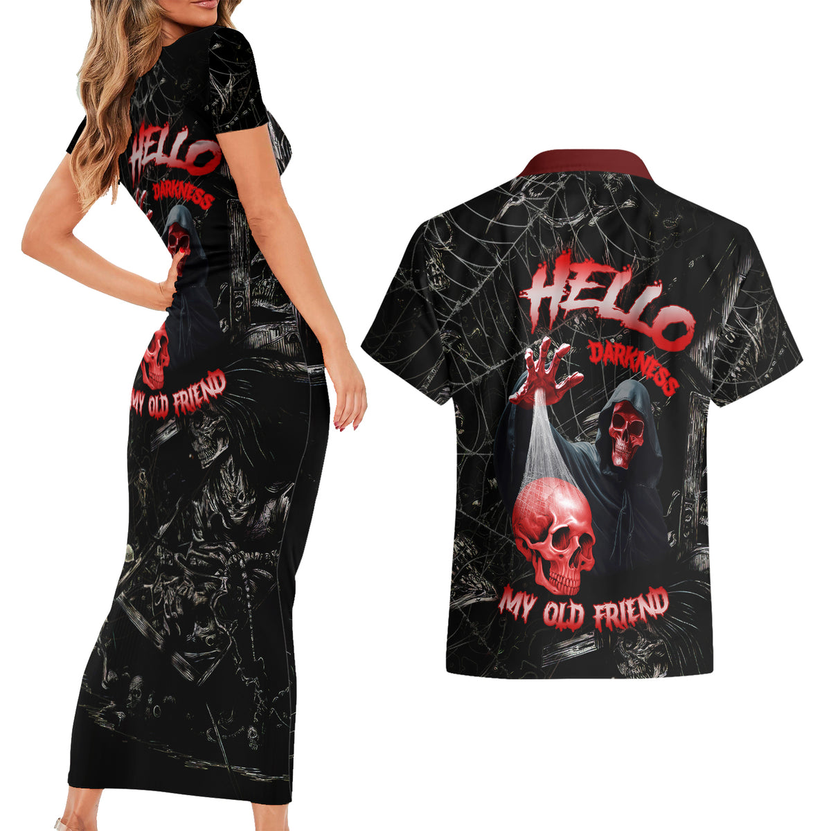 Hello Darkness My Old Friend Skull Couples Matching Short Sleeve Bodycon Dress and Hawaiian Shirt - Wonder Print Shop