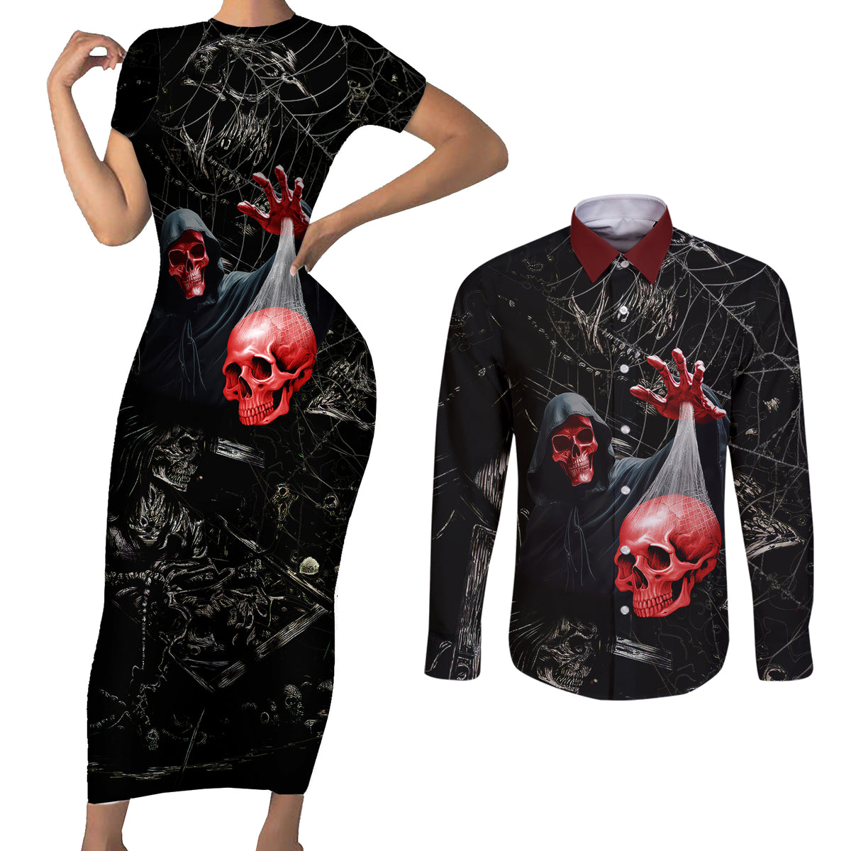 Hello Darkness My Old Friend Skull Couples Matching Short Sleeve Bodycon Dress and Long Sleeve Button Shirts - Wonder Print Shop
