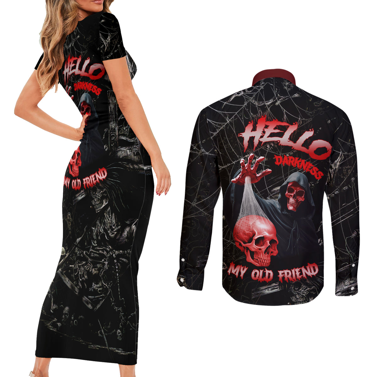 Hello Darkness My Old Friend Skull Couples Matching Short Sleeve Bodycon Dress and Long Sleeve Button Shirts - Wonder Print Shop