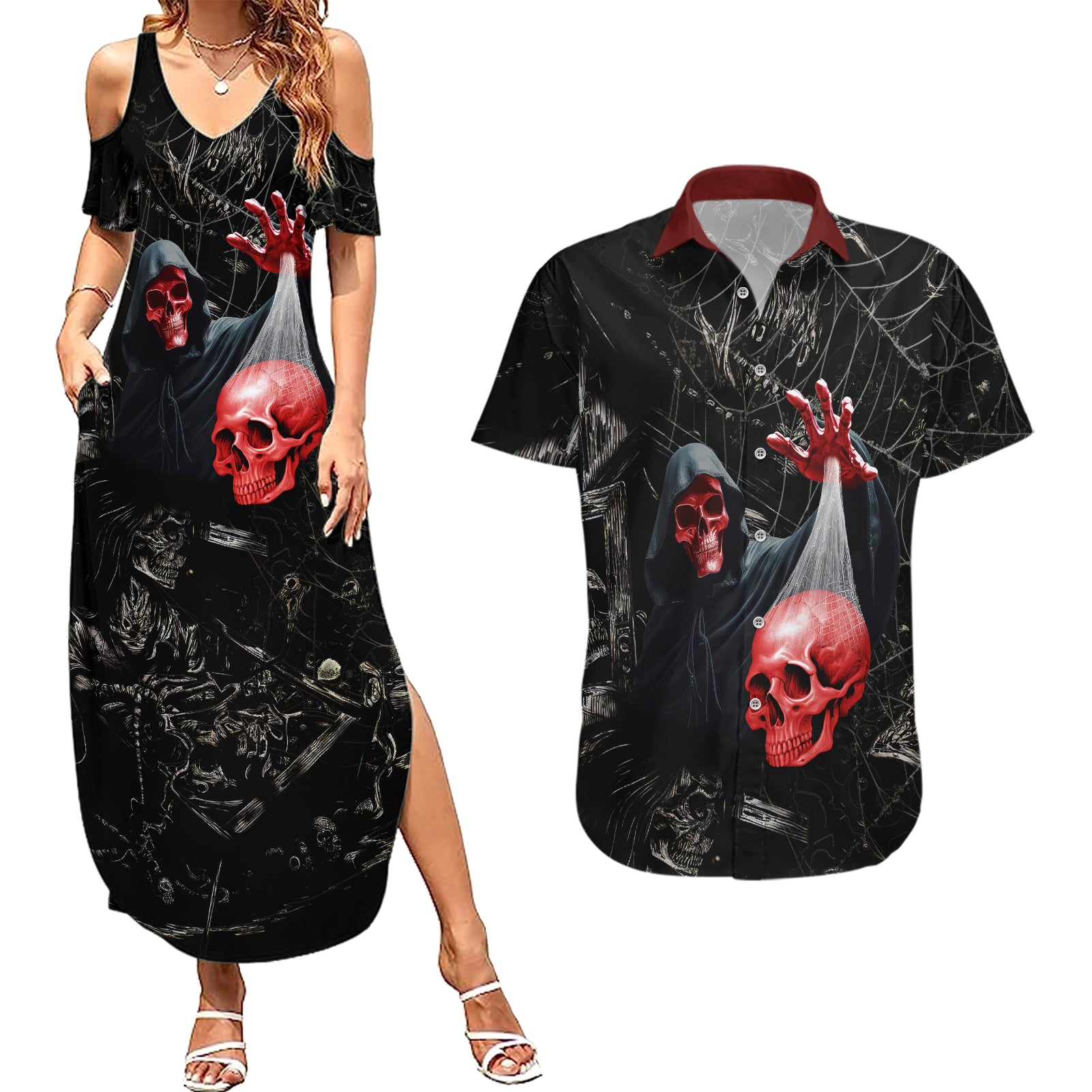 Hello Darkness My Old Friend Skull Couples Matching Summer Maxi Dress and Hawaiian Shirt - Wonder Print Shop
