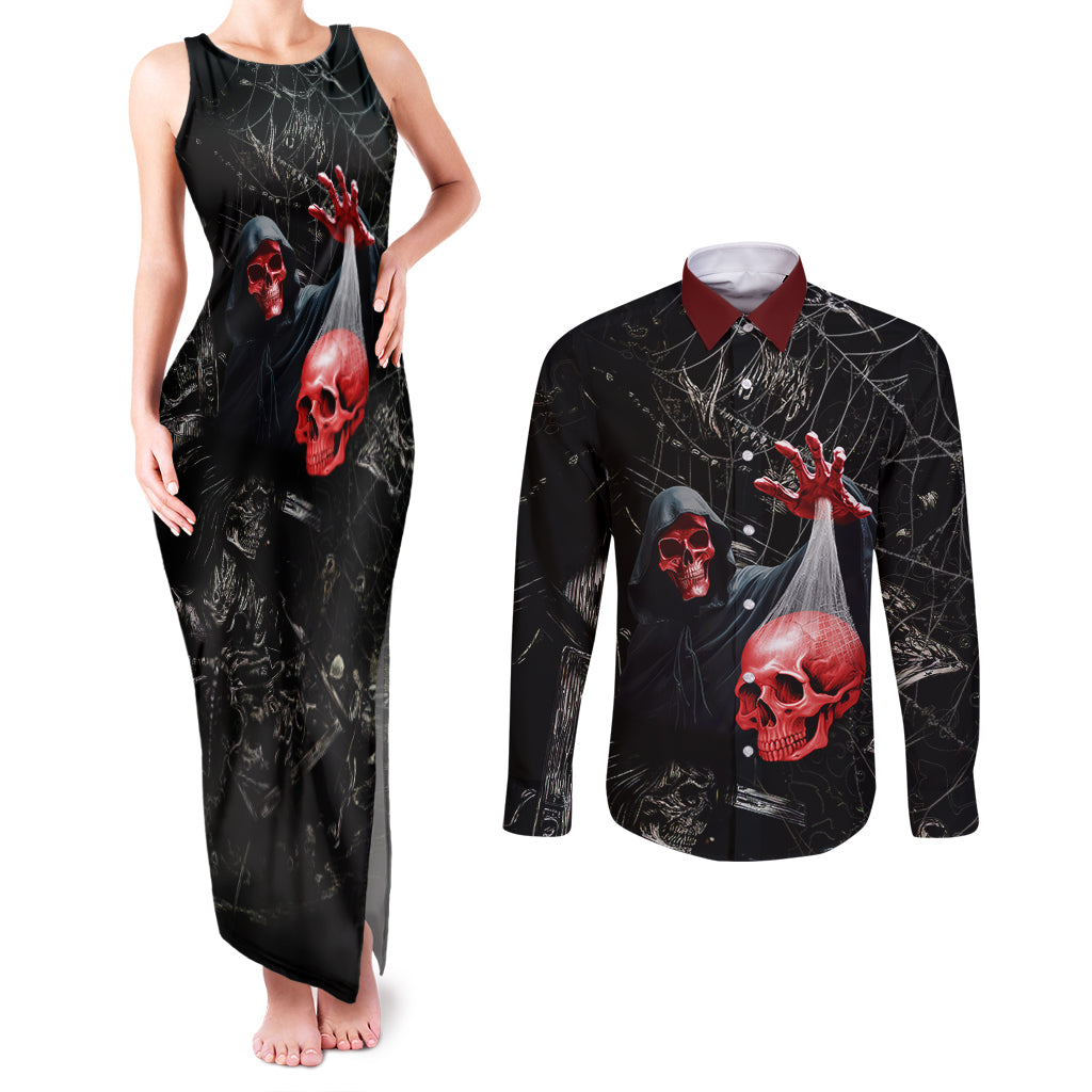 Hello Darkness My Old Friend Skull Couples Matching Tank Maxi Dress and Long Sleeve Button Shirts - Wonder Print Shop