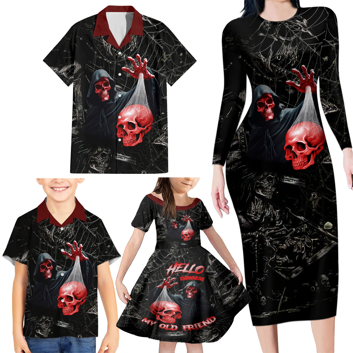 Hello Darkness My Old Friend Skull Family Matching Long Sleeve Bodycon Dress and Hawaiian Shirt - Wonder Print Shop