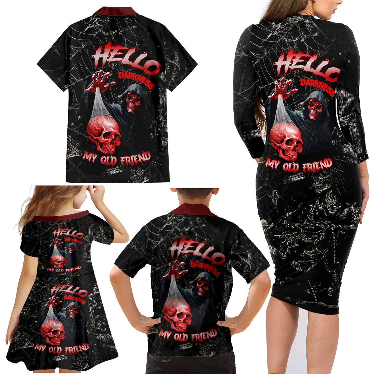 Hello Darkness My Old Friend Skull Family Matching Long Sleeve Bodycon Dress and Hawaiian Shirt - Wonder Print Shop