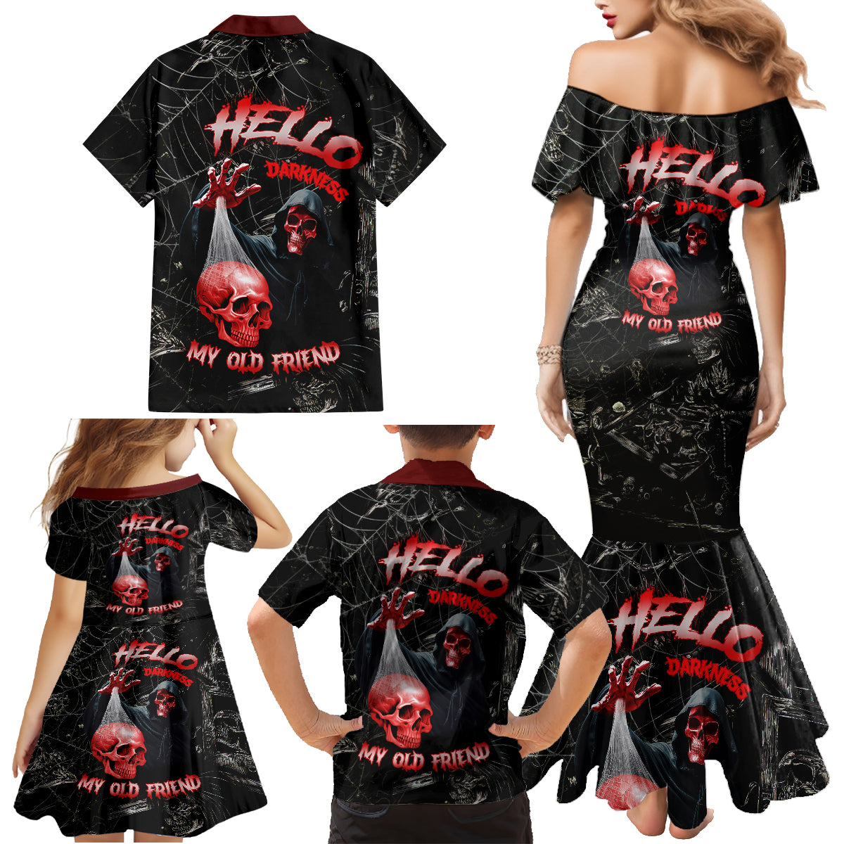 Hello Darkness My Old Friend Skull Family Matching Mermaid Dress and Hawaiian Shirt - Wonder Print Shop