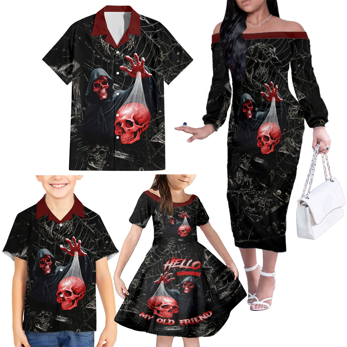 Hello Darkness My Old Friend Skull Family Matching Off Shoulder Long Sleeve Dress and Hawaiian Shirt - Wonder Print Shop