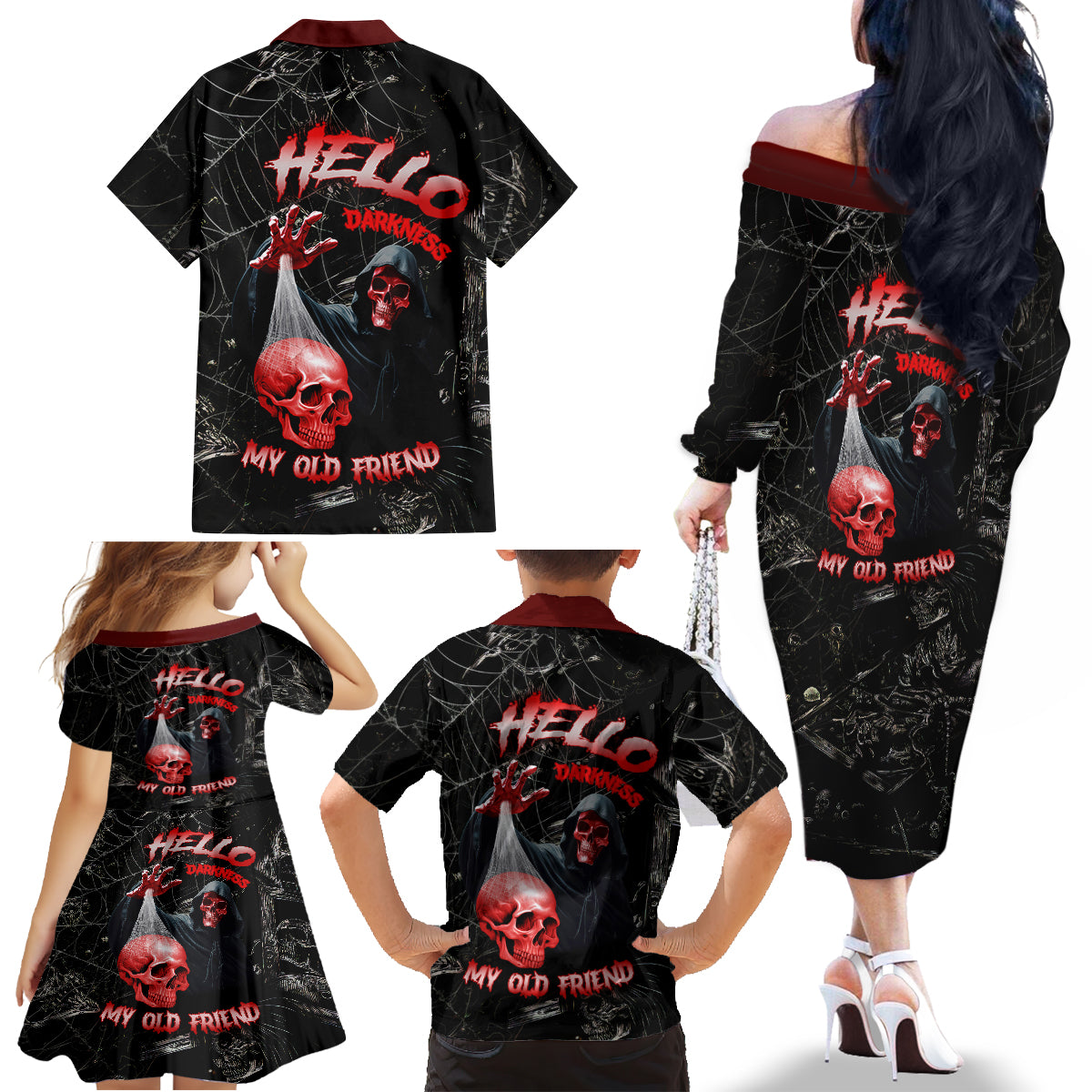 Hello Darkness My Old Friend Skull Family Matching Off Shoulder Long Sleeve Dress and Hawaiian Shirt - Wonder Print Shop