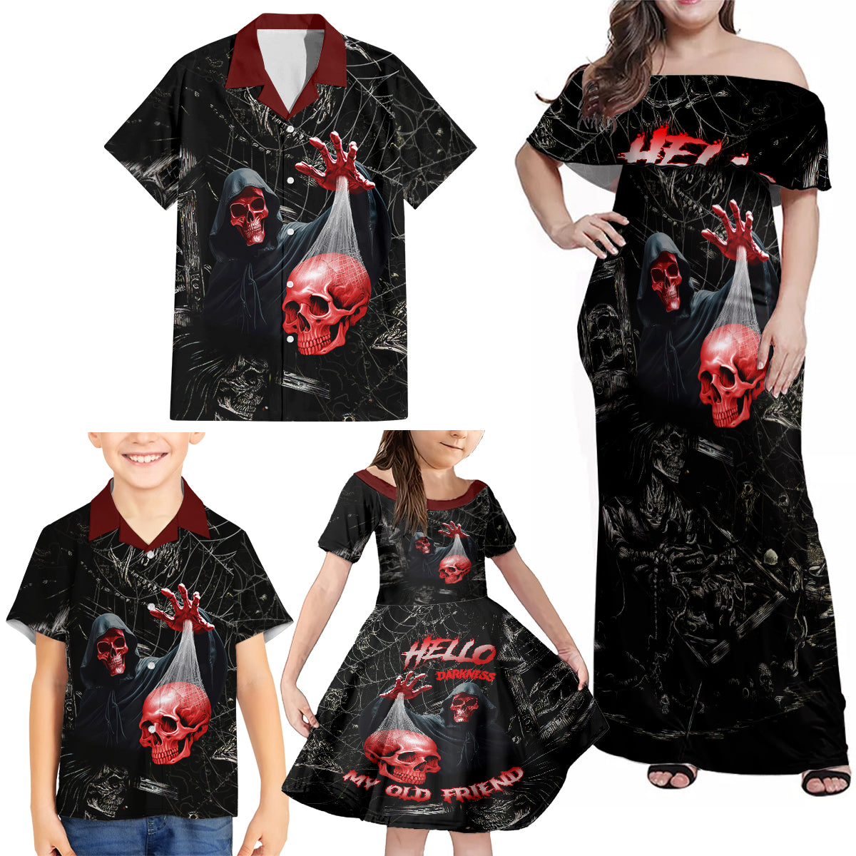 Hello Darkness My Old Friend Skull Family Matching Off Shoulder Maxi Dress and Hawaiian Shirt - Wonder Print Shop