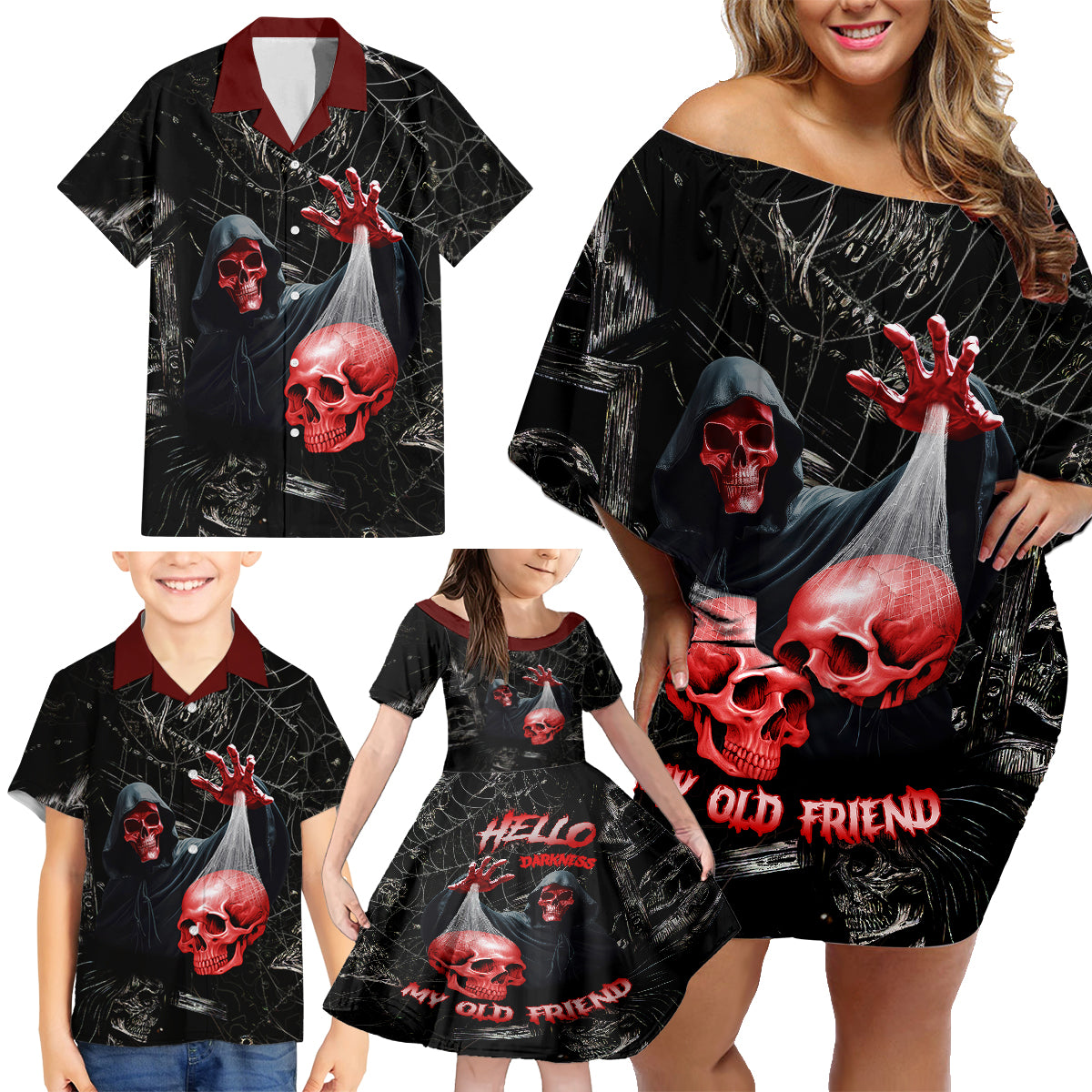 Hello Darkness My Old Friend Skull Family Matching Off Shoulder Short Dress and Hawaiian Shirt - Wonder Print Shop