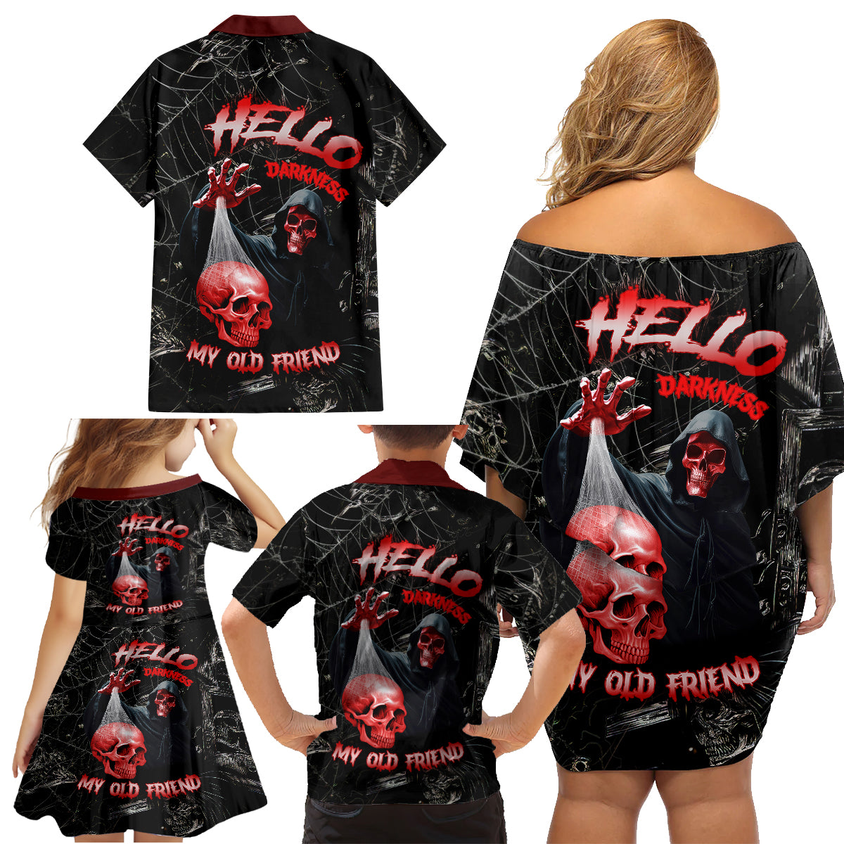 Hello Darkness My Old Friend Skull Family Matching Off Shoulder Short Dress and Hawaiian Shirt - Wonder Print Shop