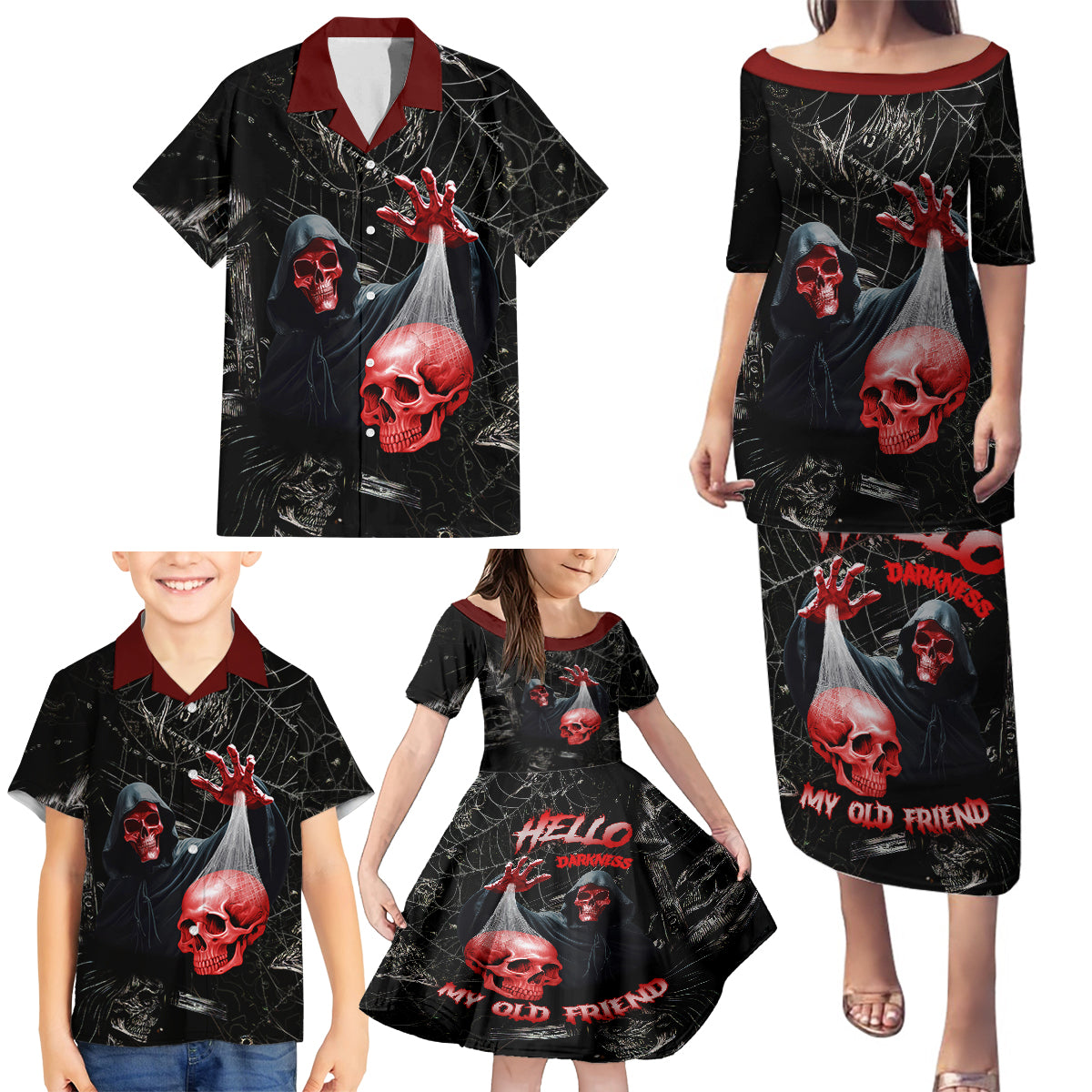 Hello Darkness My Old Friend Skull Family Matching Puletasi Dress and Hawaiian Shirt - Wonder Print Shop