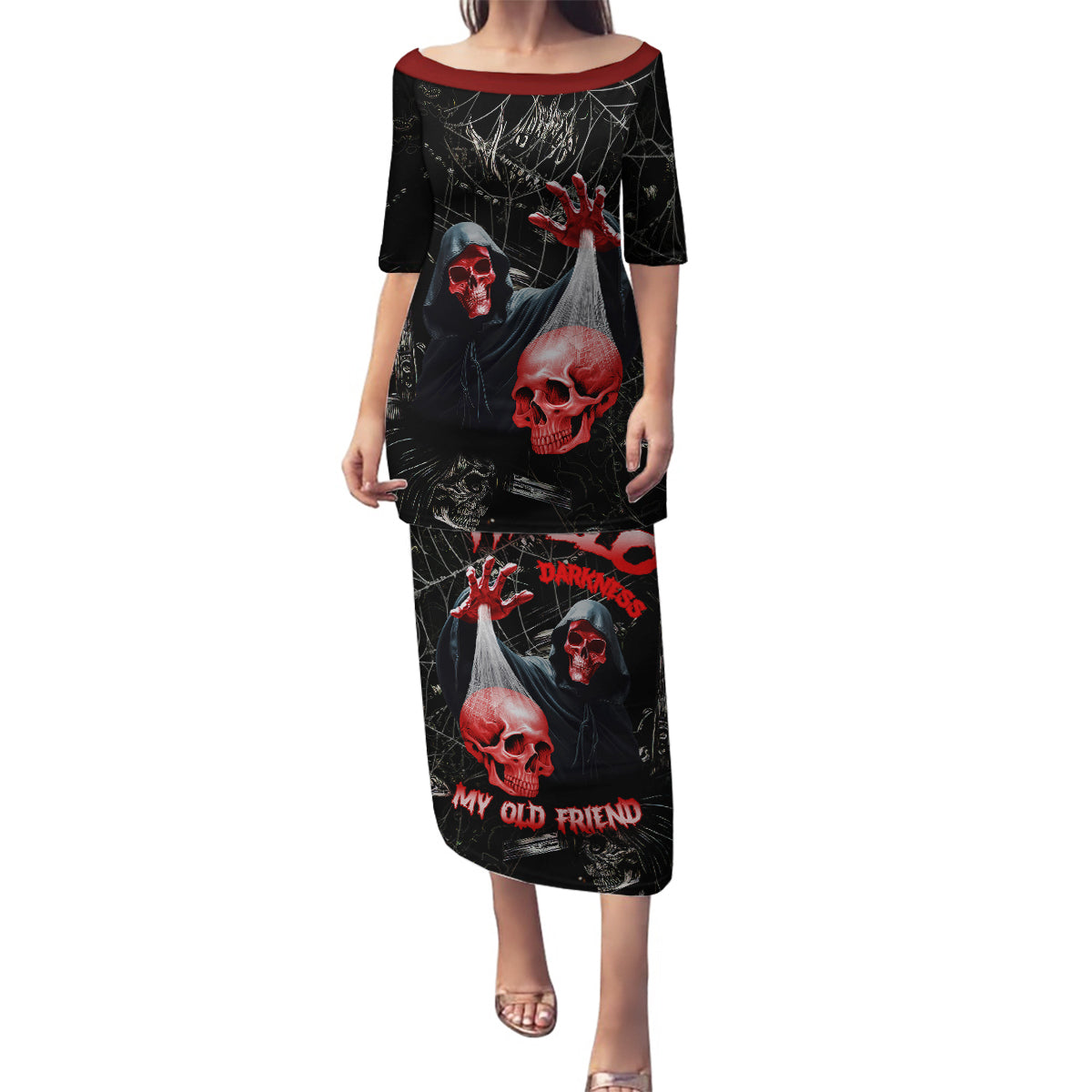 Hello Darkness My Old Friend Skull Family Matching Puletasi Dress and Hawaiian Shirt - Wonder Print Shop