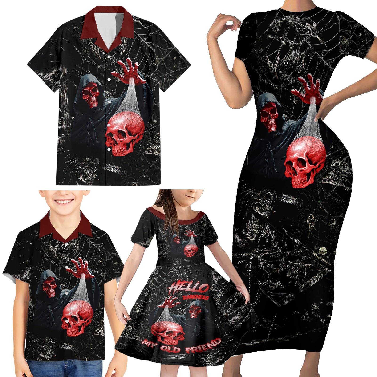Hello Darkness My Old Friend Skull Family Matching Short Sleeve Bodycon Dress and Hawaiian Shirt - Wonder Print Shop