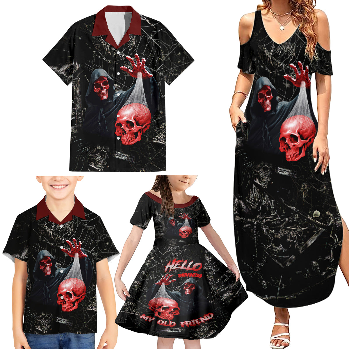Hello Darkness My Old Friend Skull Family Matching Summer Maxi Dress and Hawaiian Shirt - Wonder Print Shop
