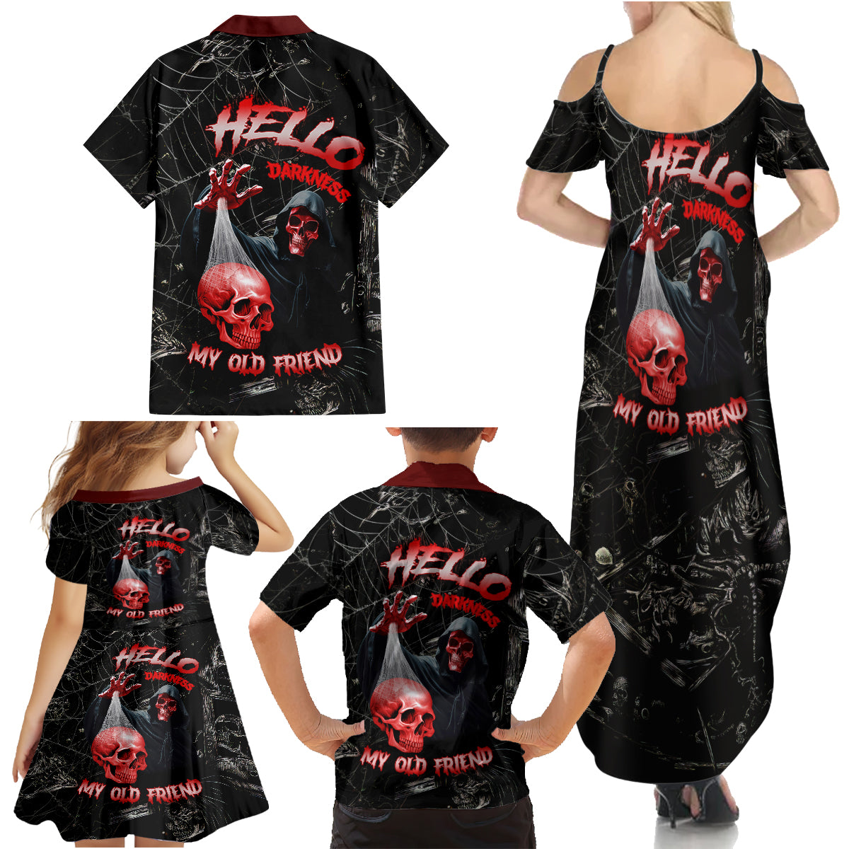 Hello Darkness My Old Friend Skull Family Matching Summer Maxi Dress and Hawaiian Shirt - Wonder Print Shop