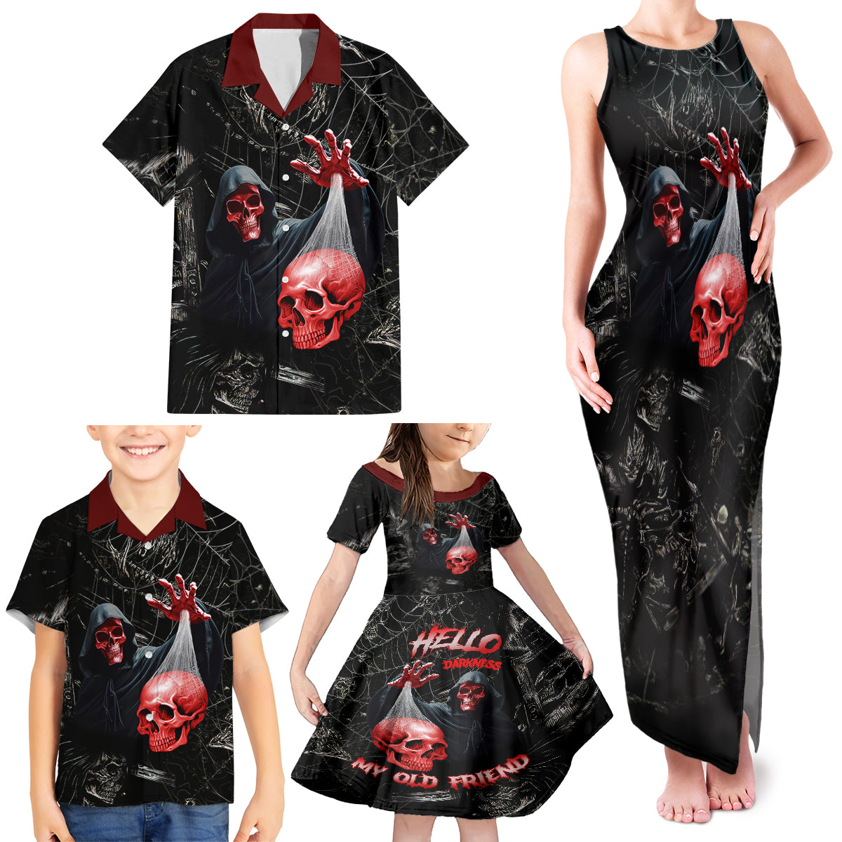 Hello Darkness My Old Friend Skull Family Matching Tank Maxi Dress and Hawaiian Shirt - Wonder Print Shop