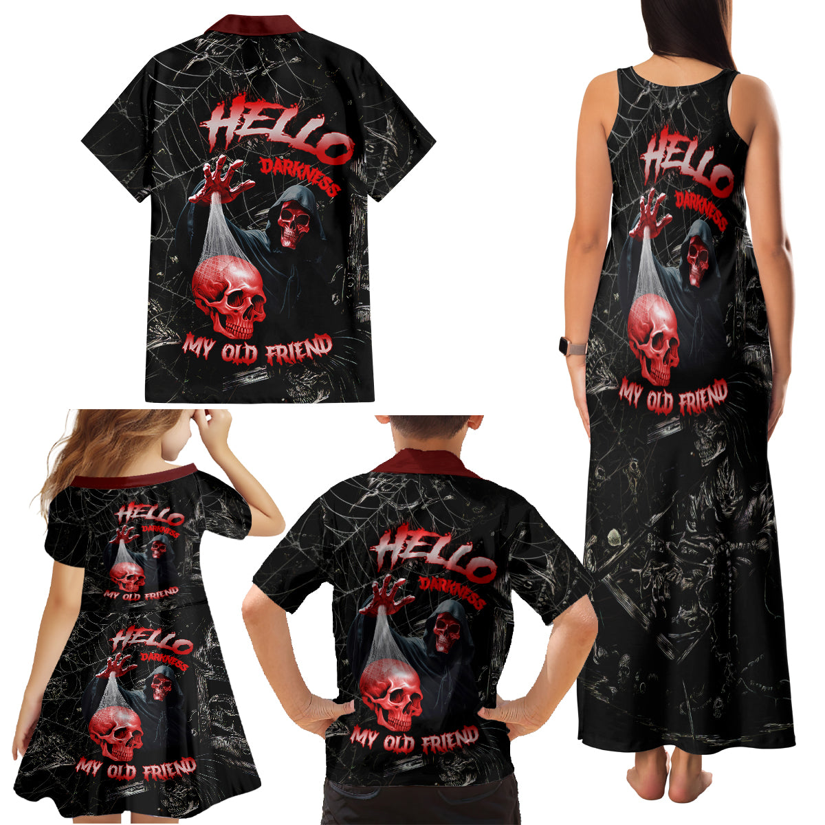 Hello Darkness My Old Friend Skull Family Matching Tank Maxi Dress and Hawaiian Shirt - Wonder Print Shop