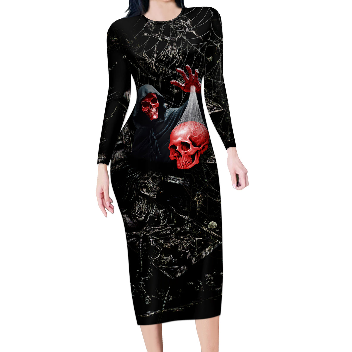 Hello Darkness My Old Friend Skull Long Sleeve Bodycon Dress - Wonder Print Shop