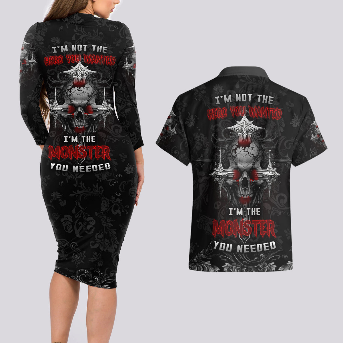 I'm Not The Hero You Wanted I'm The Monster You Needed Couples Matching Long Sleeve Bodycon Dress and Hawaiian Shirt - Wonder Print Shop