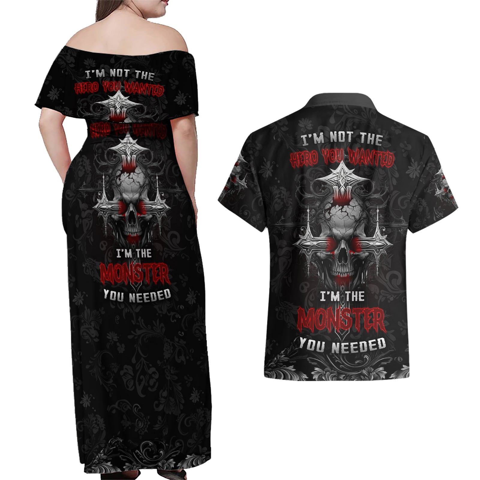 I'm Not The Hero You Wanted I'm The Monster You Needed Couples Matching Off Shoulder Maxi Dress and Hawaiian Shirt - Wonder Print Shop