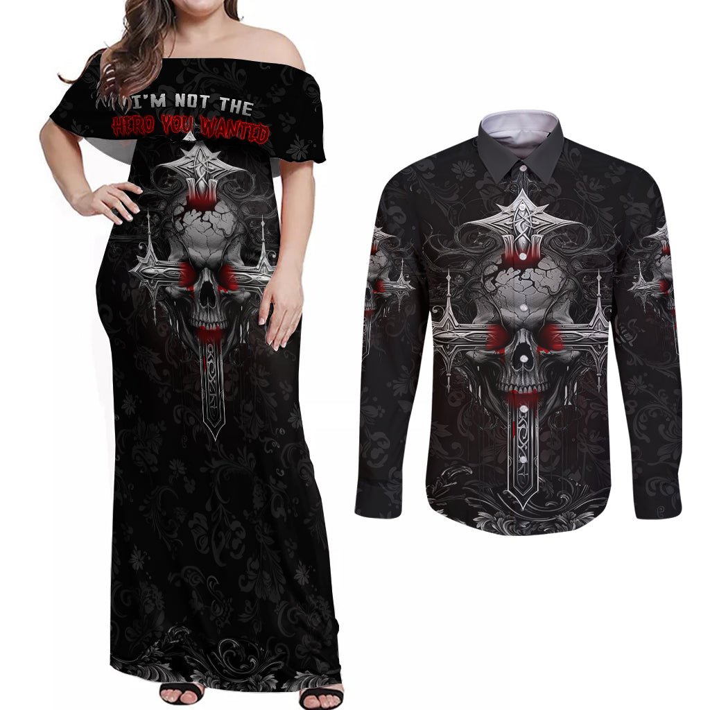I'm Not The Hero You Wanted I'm The Monster You Needed Couples Matching Off Shoulder Maxi Dress and Long Sleeve Button Shirts - Wonder Print Shop