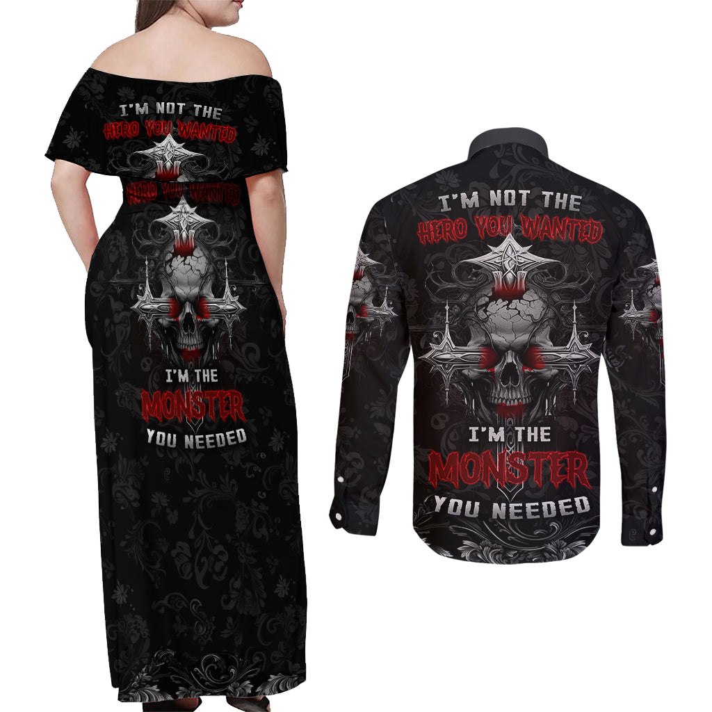 I'm Not The Hero You Wanted I'm The Monster You Needed Couples Matching Off Shoulder Maxi Dress and Long Sleeve Button Shirts - Wonder Print Shop