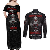 I'm Not The Hero You Wanted I'm The Monster You Needed Couples Matching Off Shoulder Maxi Dress and Long Sleeve Button Shirts - Wonder Print Shop