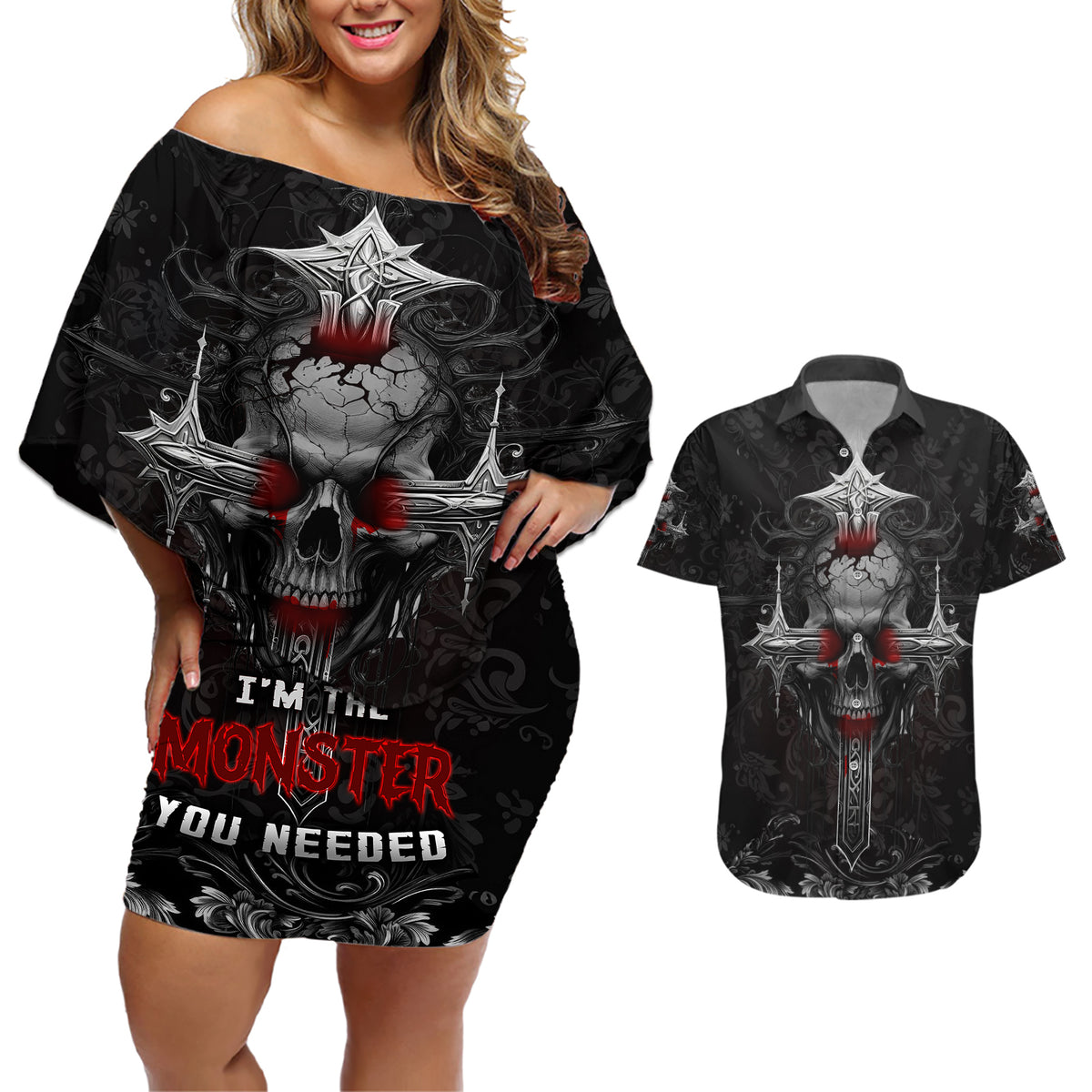 I'm Not The Hero You Wanted I'm The Monster You Needed Couples Matching Off Shoulder Short Dress and Hawaiian Shirt - Wonder Print Shop