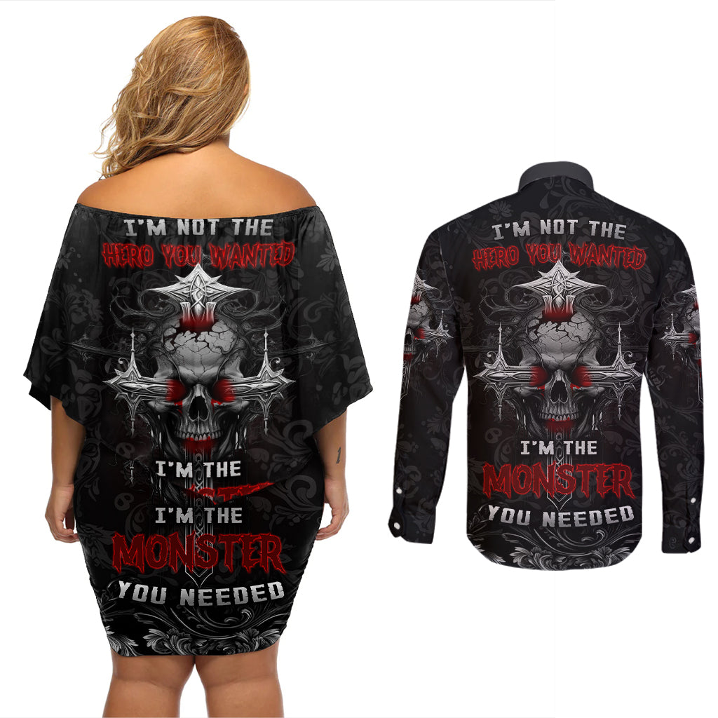 I'm Not The Hero You Wanted I'm The Monster You Needed Couples Matching Off Shoulder Short Dress and Long Sleeve Button Shirts - Wonder Print Shop