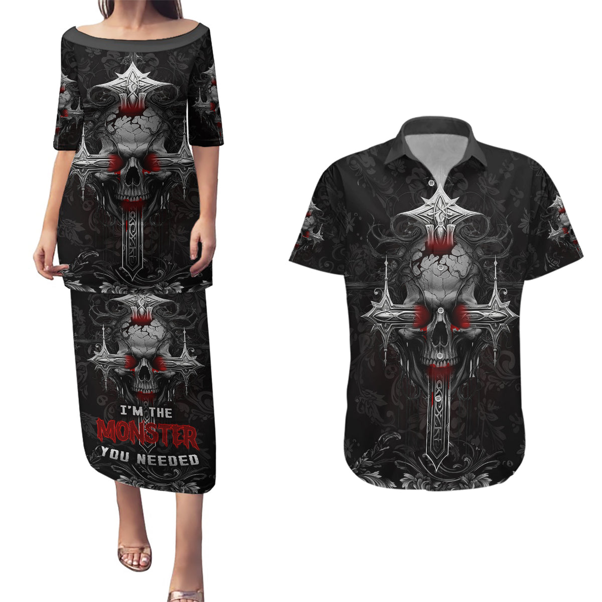 I'm Not The Hero You Wanted I'm The Monster You Needed Couples Matching Puletasi Dress and Hawaiian Shirt - Wonder Print Shop