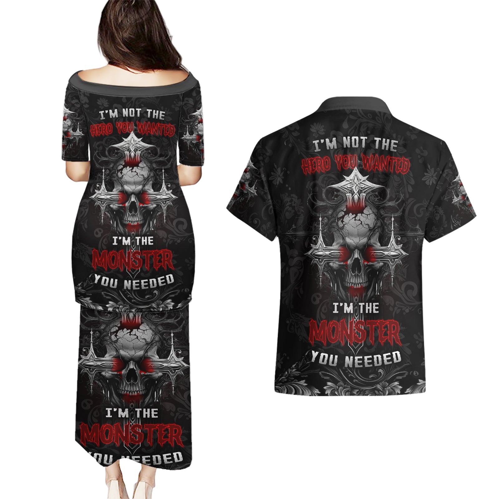 I'm Not The Hero You Wanted I'm The Monster You Needed Couples Matching Puletasi Dress and Hawaiian Shirt - Wonder Print Shop
