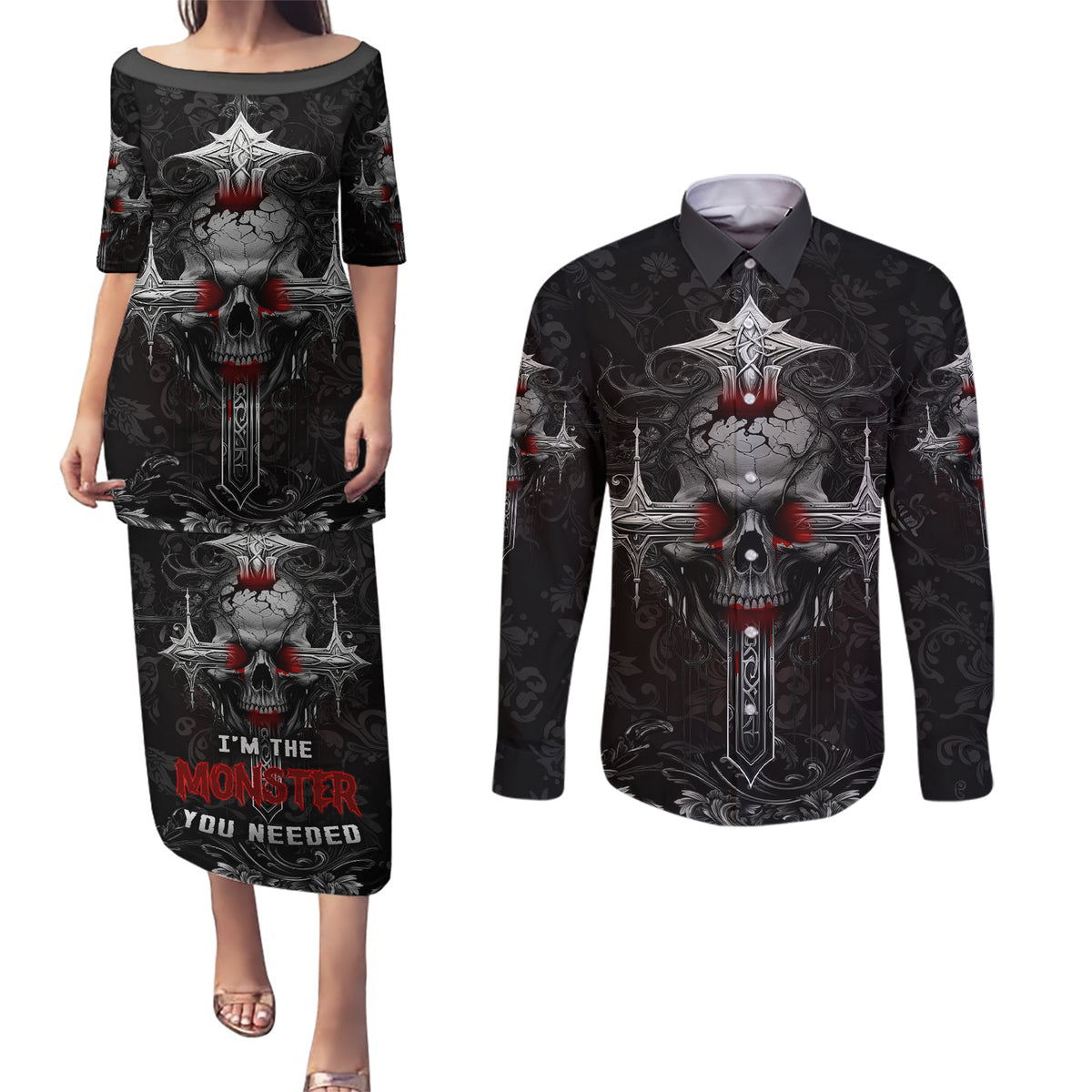 I'm Not The Hero You Wanted I'm The Monster You Needed Couples Matching Puletasi Dress and Long Sleeve Button Shirts - Wonder Print Shop