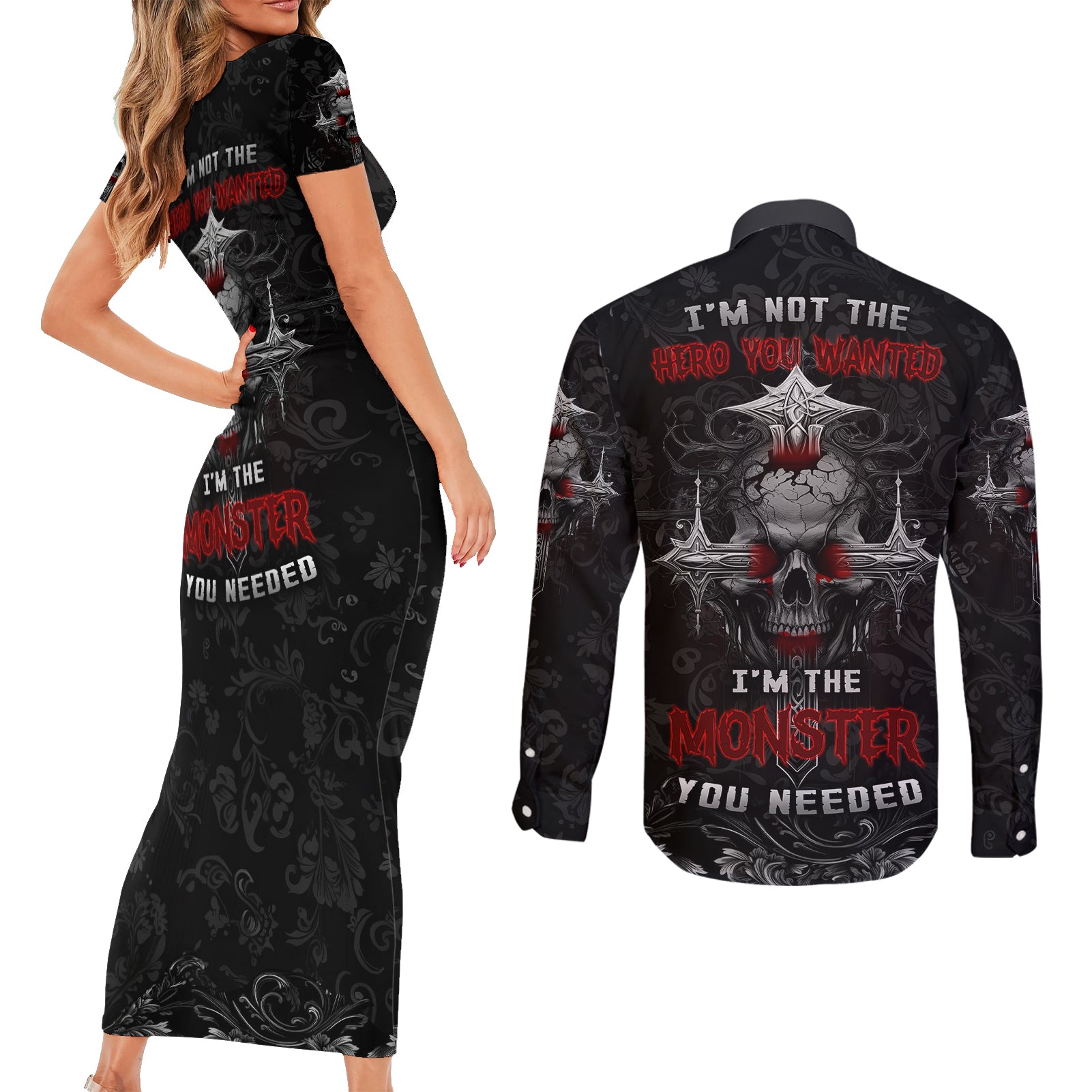 I'm Not The Hero You Wanted I'm The Monster You Needed Couples Matching Short Sleeve Bodycon Dress and Long Sleeve Button Shirts - Wonder Print Shop