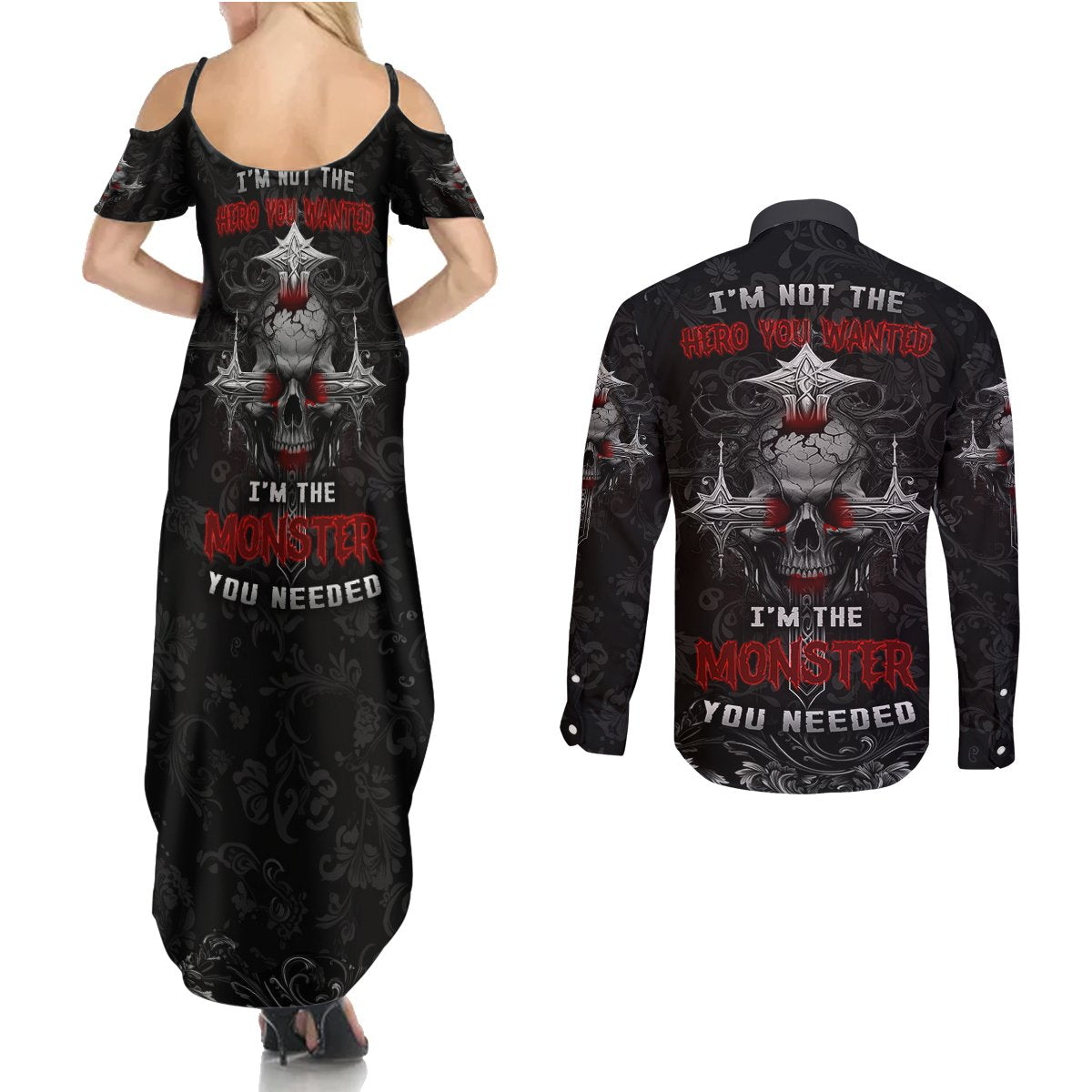 I'm Not The Hero You Wanted I'm The Monster You Needed Couples Matching Summer Maxi Dress and Long Sleeve Button Shirts - Wonder Print Shop