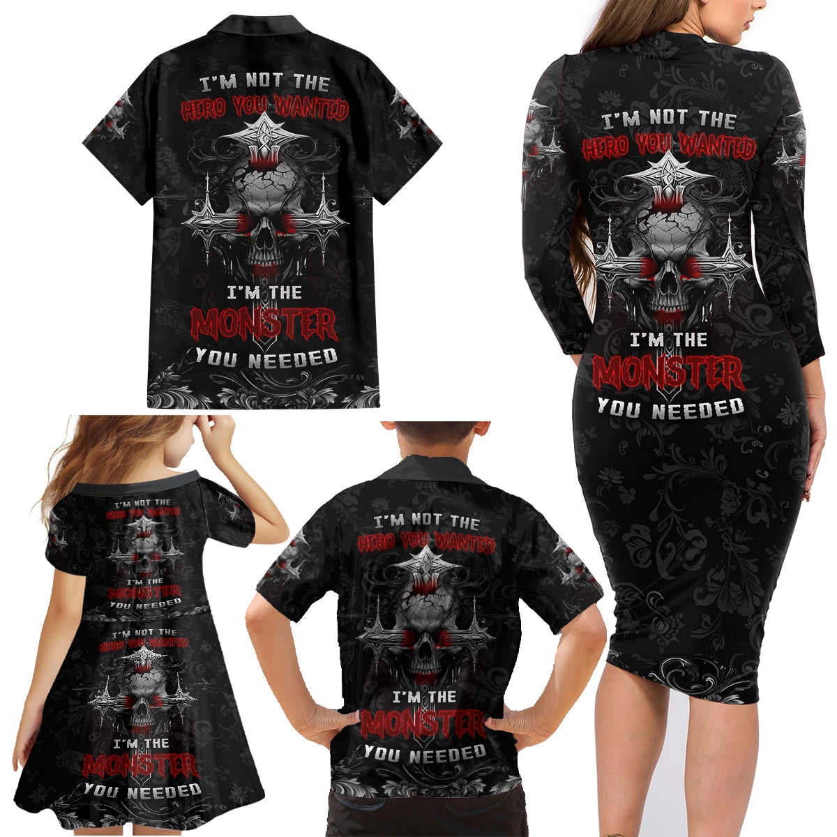 I'm Not The Hero You Wanted I'm The Monster You Needed Family Matching Long Sleeve Bodycon Dress and Hawaiian Shirt - Wonder Print Shop