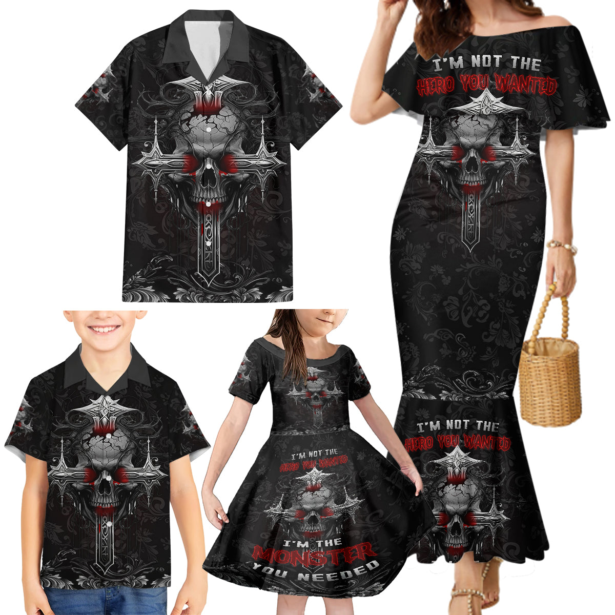 I'm Not The Hero You Wanted I'm The Monster You Needed Family Matching Mermaid Dress and Hawaiian Shirt - Wonder Print Shop