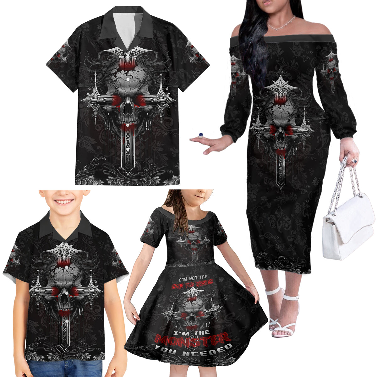 I'm Not The Hero You Wanted I'm The Monster You Needed Family Matching Off Shoulder Long Sleeve Dress and Hawaiian Shirt - Wonder Print Shop